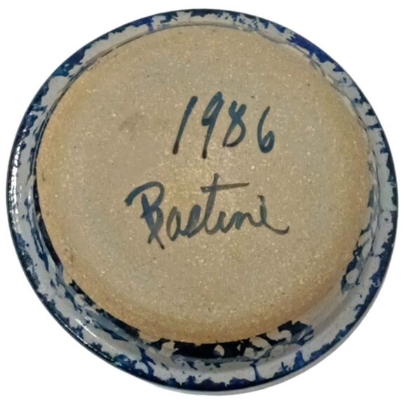 Vintage Bastine Pottery Spongeware Stoneware Dish Blue‎ Heart 1986 Signed - Picture 2 of 6